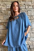 Washed Chambray Shirring Peasant Blouse Mid